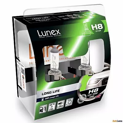 2x H8 Car Headlight Bulbs 35W 12V Lunex LONG LIFE 3000K PGJ19-1 HardCase • £13.99