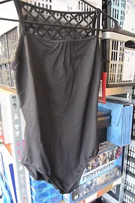 Black Mirella Geo Mesh Back Wide Strap Camisole Leotard -Size Large M2110LM • £15