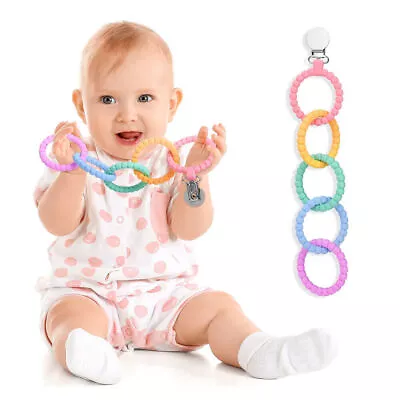 Infant Baby Teething Toy Toddler Silicone Teether 5 Ring Link With Pacifier Clip • £4.08