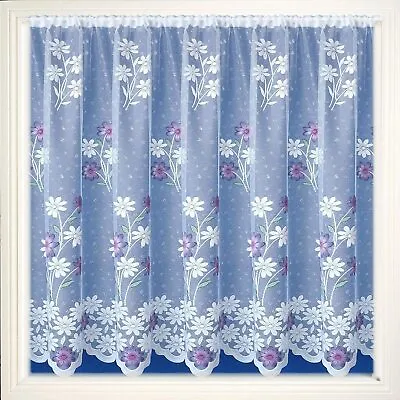 £3.69 • Buy Lavender Pink Daisy Flowers White Short Drop Window Net Curtain By The Metre 