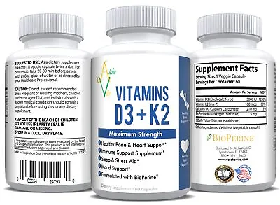 $9.49 • Buy Vitamin D3+K2 Plus Calcium (3-in-1 Maximum Strength Formula)