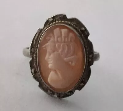Vintage Sterling Marcasite Carved Shell Cameo Ring Size 6 • $29.99