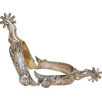 Vintage Engraved Brass Mexican Western Espuelas De Charro Spurs 9 Point Rowel • $279.99