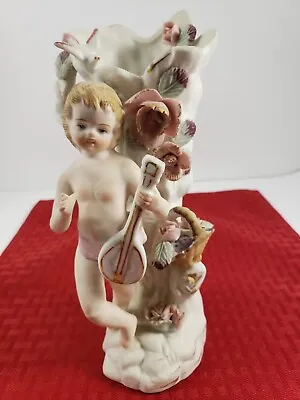 $19.99 • Buy Vtg Angel Cherub Bud Vase Figurine Ceramic Playing Lute  Flowers Bird Decor