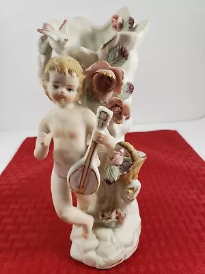 Vtg Angel Cherub Bud Vase Figurine Ceramic Playing Lute  Flowers Bird Decor • $19.99