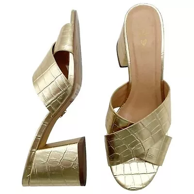 Lulus Ybarra Metallic Gold Croc-Embossed Block Heel Leather Sandals Size 7.5 • $30