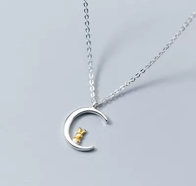 Sterling Silver Moon Rabbit Bunny Love Pendant Necklace 17  Chain Gift Box  • $9.50