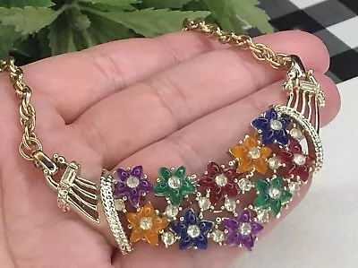 Vintage Signed VOLUPTE Colorful Rhinestone Flower Choker Necklace • $0.99