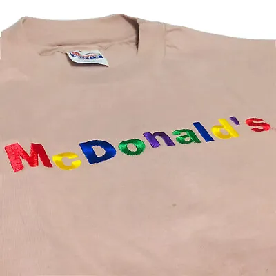 Vintage McDonald’s Spellout Single Stitch Tee Hanes Pink Sz Medium Men 90s EUC • $89.99