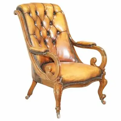 Stunning Show Framed Early Victorian Chesterfield Brown Leather Library Armchair • £2750