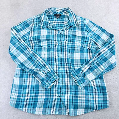 Erika Shirt Womens Medium Blue Plaid Lightweight Flannel Roll Tab Sleeve Casual • £16.15