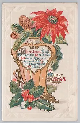 Holiday~Christmastide~Poinsettia & Pinecone In Vase~Embossed~Vintage Postcard • $3
