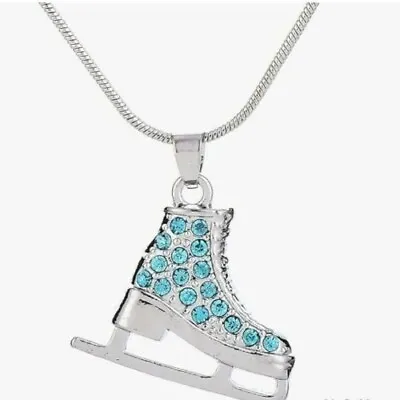 3D Ice Skate. Blue Zircon White Enamel. Plated Pendant Necklace Free Gift Bag • £9.01