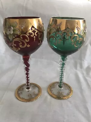 Vintage Bohemian Glass Green & Red Color Wine Glasses Gold Applied Flower Decor • $79.99