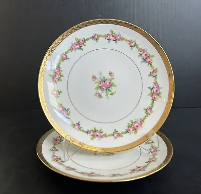 Pair Antique Mintons Hand Painted Roses Gold Band Luncheon Plates 8 7/8” D • $75