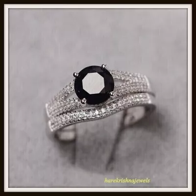 2CT Lab-Created Round Cut Black Diamond 14K White Gold Over Engagement Ring Set • $327.48