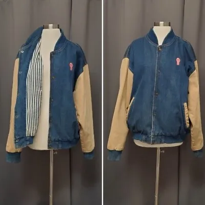 Vintage Kenworth Truck Two Tone Denim Railroad Striped Liner Varsity Bomber Coat • $124.99