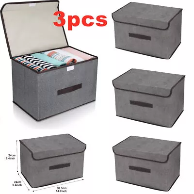 3Pcs Foldable Canvas Storage Boxes Large Folding Fabric Clothes Baskets With Lid • £8.95