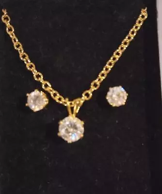 Cubic Zirconia Necklace Earring Set Gold Tone New Old Stock Vintage Gift For Kid • $11