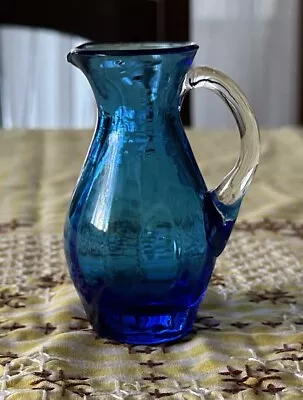 Vintage 4” Hand Blown Cobalt Blue Glass Pitcher Clear Glass Applied Handle • $29.88