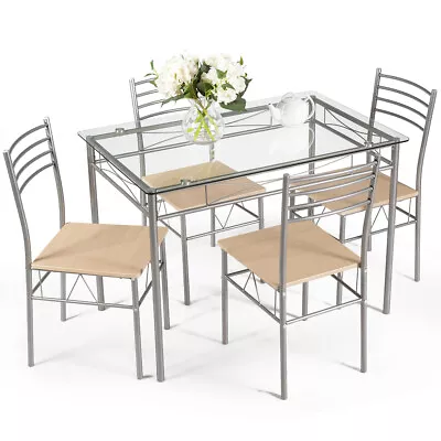 $200.95 • Buy Giantex 5Pcs Dining Table Set Tempered Glass Table & 4 Wood Chairs Steel Frame