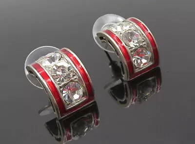 MMA 925 Silver - Vintage Cubic Zirconia & Enamel Curved Drop Earrings - EG4817 • $48.94