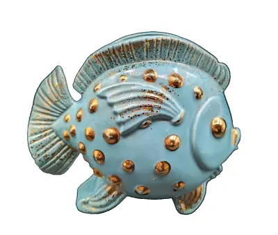 Vintage MCM Puffer Fish Ceramic Vase Planter Turquoise & Gold Kitsch • $49.95