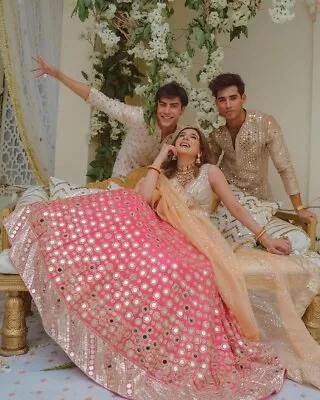 $76.80 • Buy Dark Pink Mirror Work Lehenga Choli Party Wear Lengha Indian Saree Sari Skirt