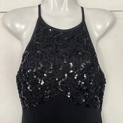 BARI & JAY Long Black Evening Dress 7/8 Sequin Sleeveless High Neck Vtg • $9.99