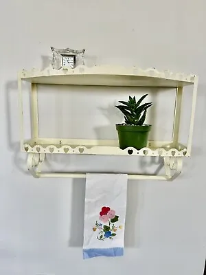 Vtg MCM 2 Tier Metal Wall Shelf With Towel Bar Scrolls Bathroom Hearts Shabby • $59.99