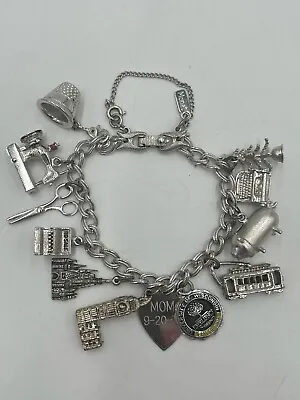 Vintage Monet Silver Tone Charm Bracelet W/ 12 Charms 7in. Some Sterling Charms • $37.46