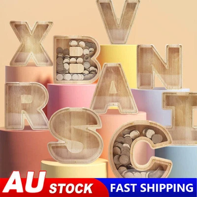 Wooden Piggy Bank Funny Letter/Guitar Coin Saving Money Box Kids Adults Gift AUS • $17.80