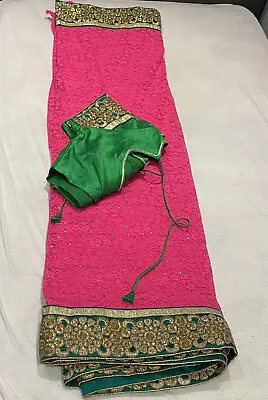 Pink Lace Party Saree With Ready Made Blouse • £31