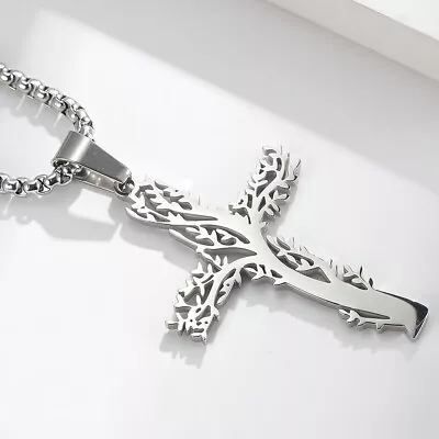 $9.99 • Buy Cross Pendant Necklace For Men Women Stainless Steel Tree Of Life Necklace Chain