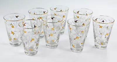 Set Of 8 Mid Century Modern Gold Clear White Libbey Royal Fern Tumblers Glasses • $49.99