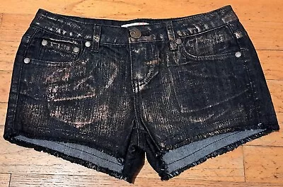 OP Jean Shorts Black Denim 5 Gold Ocean Pacific Stretch Cut Off Raw Hem • $16.99