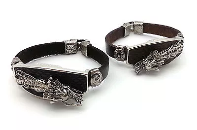 $12.99 • Buy Leather Bracelet With Metal Asian Dragon Head Design Figure - Pick Color