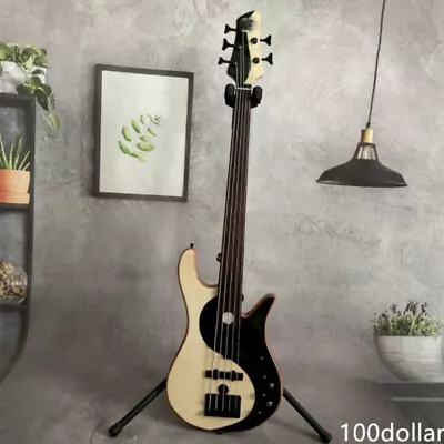 5-String Fretless Yin Yang Tai Ji Bass Guitar Flame Maple Top Solid Body Natural • $265.05