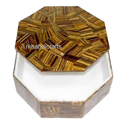 Tiger Eye Stone Overlay Work Dressing Table Decor Jewelry Box Marble Trinket Box • $328