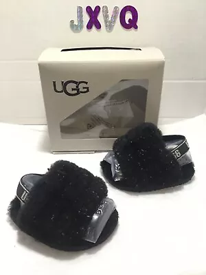  UGG Toddler Black Fluff Yeah Metallic Sparkle Slipper Shoes Size US 02/03 • $20