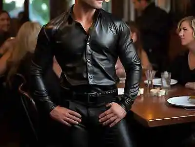 Mens Classic Style Black Leather Shirt Lambskin Leather Shirt Gift For Men • $138.99