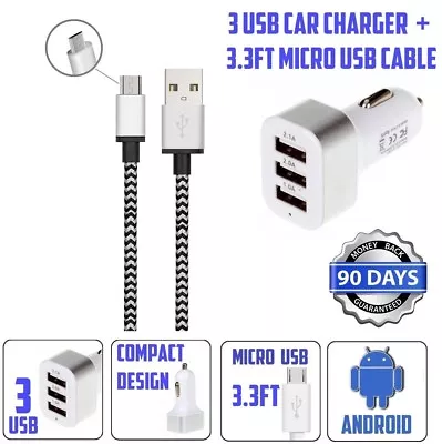 Three USB Universal CAR CHARGER 3 Port Adapter 4.1A Tangle Free Micro USB Cable • $6.99