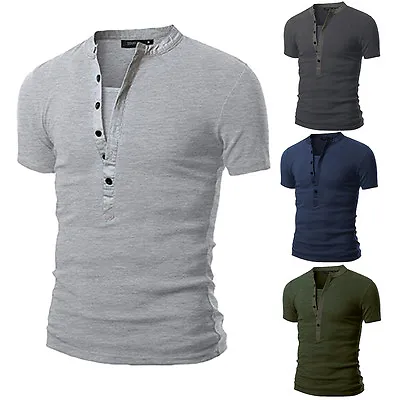 $12.25 • Buy Mens Short Sleeve Button T-Shirt Casual V Neck Solid Tops Slim Fit Muscle Tee