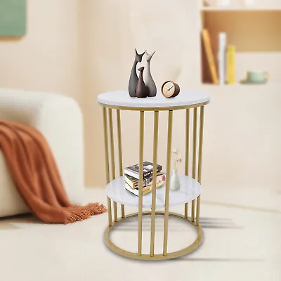 2 Tier Marble Side End Table For Living Room Modern Nightstand With Metal Frame • $75.05