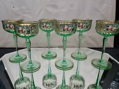 (6) Wine Goblets 5-3/4  Glasses Bohemian Moser Gold Rose Uranium Green Antique • $229.95