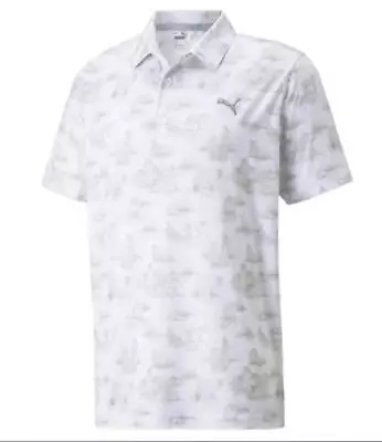 New  Puma Mens Cloudspun Mowers Golf Polo Shirt Size L White Gray  #532162 01 • $19.99