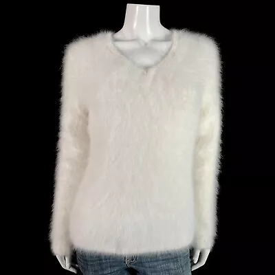 60% Angora Fuzzy Vintage BELLDINI White Long Sleeve V Neck Sweater 35 In Bust • $94.99