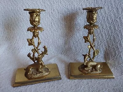 Pair Vintage Brass Deer Stag & Doe Candlesticks Grape Vines Ornate Art Nouveau • $32.21