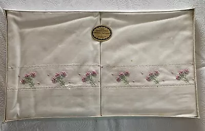 Vintage State Pride White Hand Embroidered Flowers 🌸 Pillowcases Orig. Pkg. B30 • $17.99