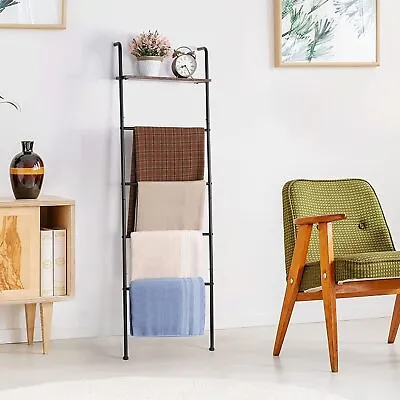 Blanket Ladder Wall Leaning Rack Metal Towel Rack With Wood Shelf 5-Tier Black • $21.65